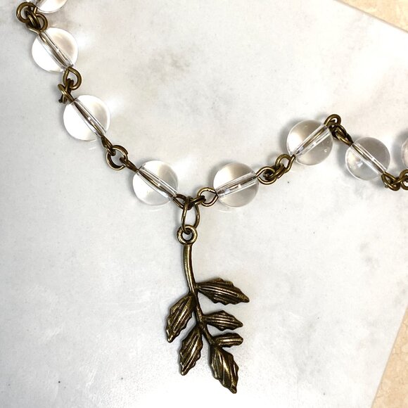 Genuine Clear Quartz Short Necklace, Bronze Leaf Branch + Natural Gemstone - Picture 5 of 16